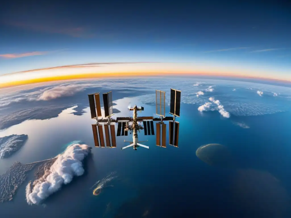 Vista panorámica de la Estación Espacial Internacional orbitando la Tierra al atardecer, resaltando la cooperación en su arquitectura espacial