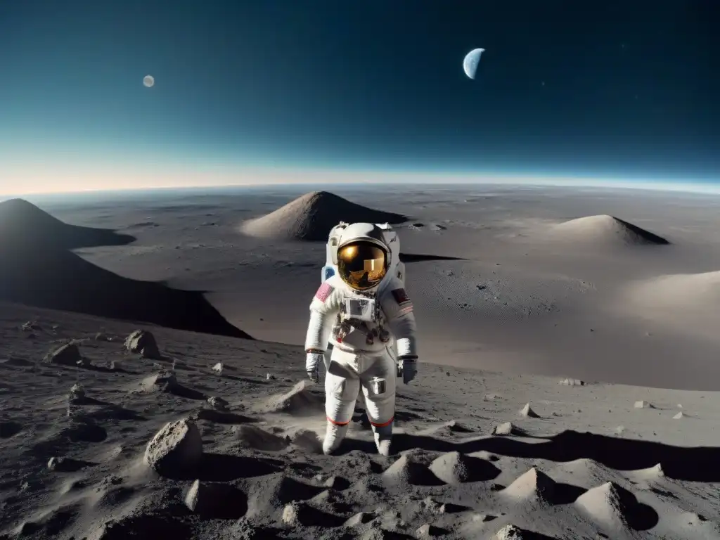 Vista panorámica de la Luna desde Gateway, con astronautas y la Tierra en el horizonte