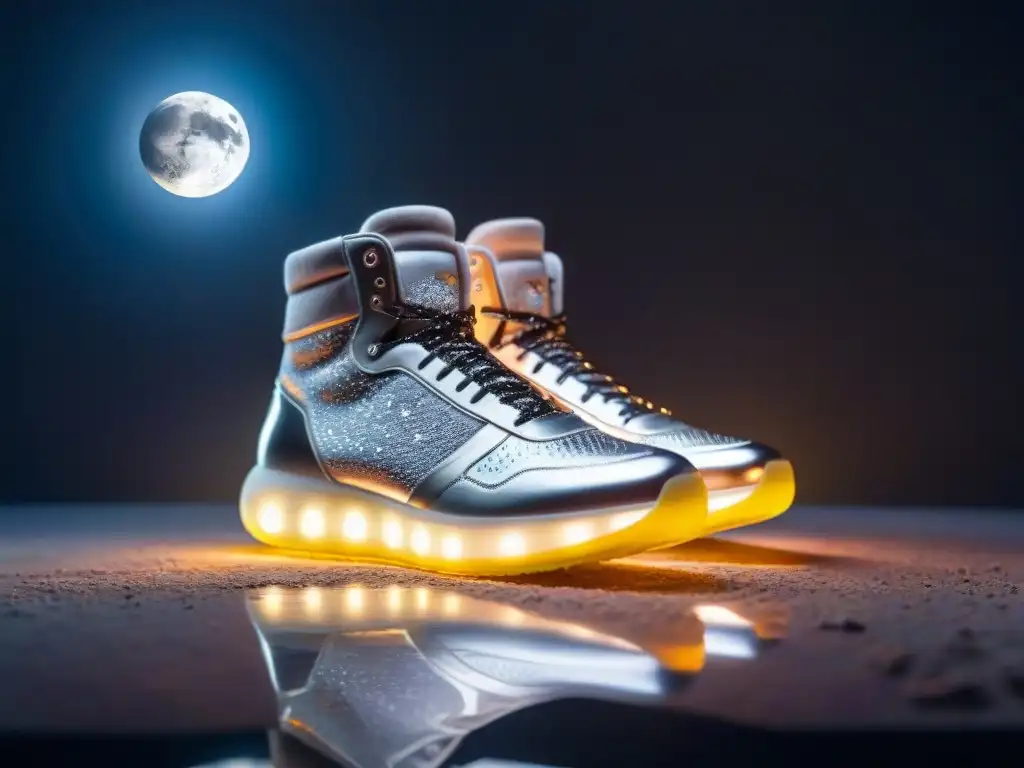 Zapatillas futuristas inspiradas en exploración lunar con textura lunar y luces LED