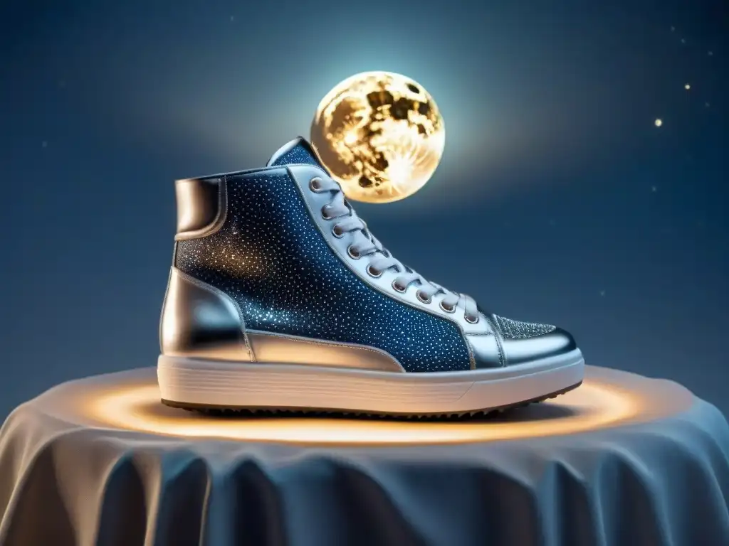 Zapatillas plateadas con diseño lunar, sobre plataforma iluminada con fondo estrellado y luna llena